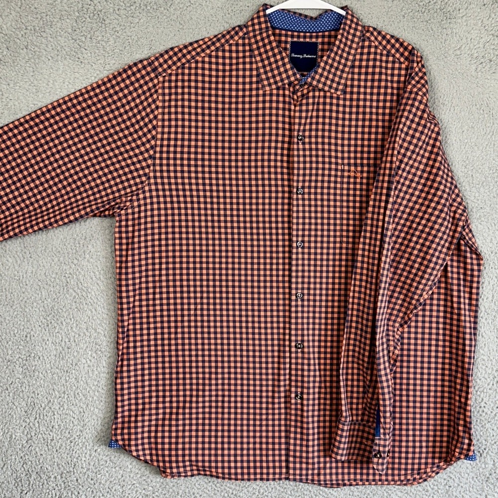 Tommy Bahama 100% Pima Cotton Shirt Mens XL Orange Navy Gingham‎ Check Button Up